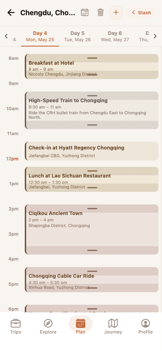 Day-by-day itinerary view