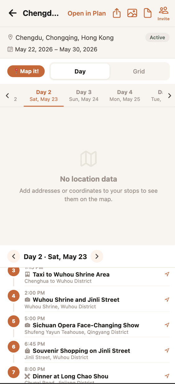 Interactive map with pinned stops