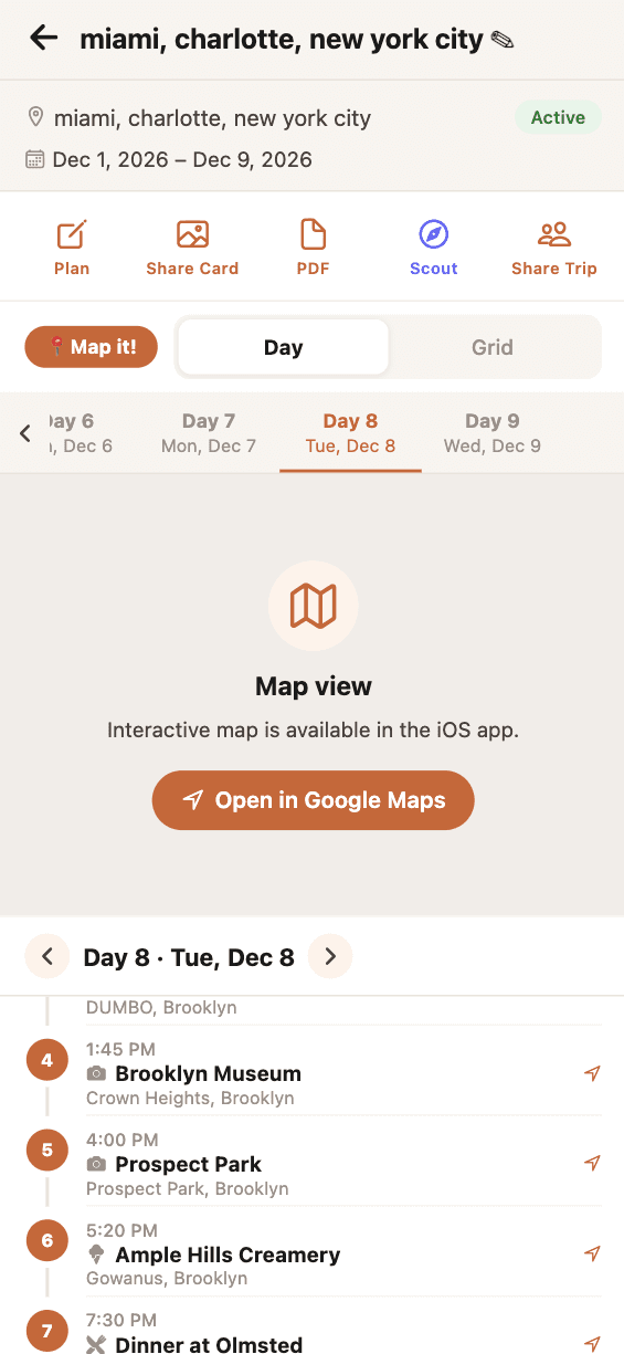 Interactive map with pinned stops